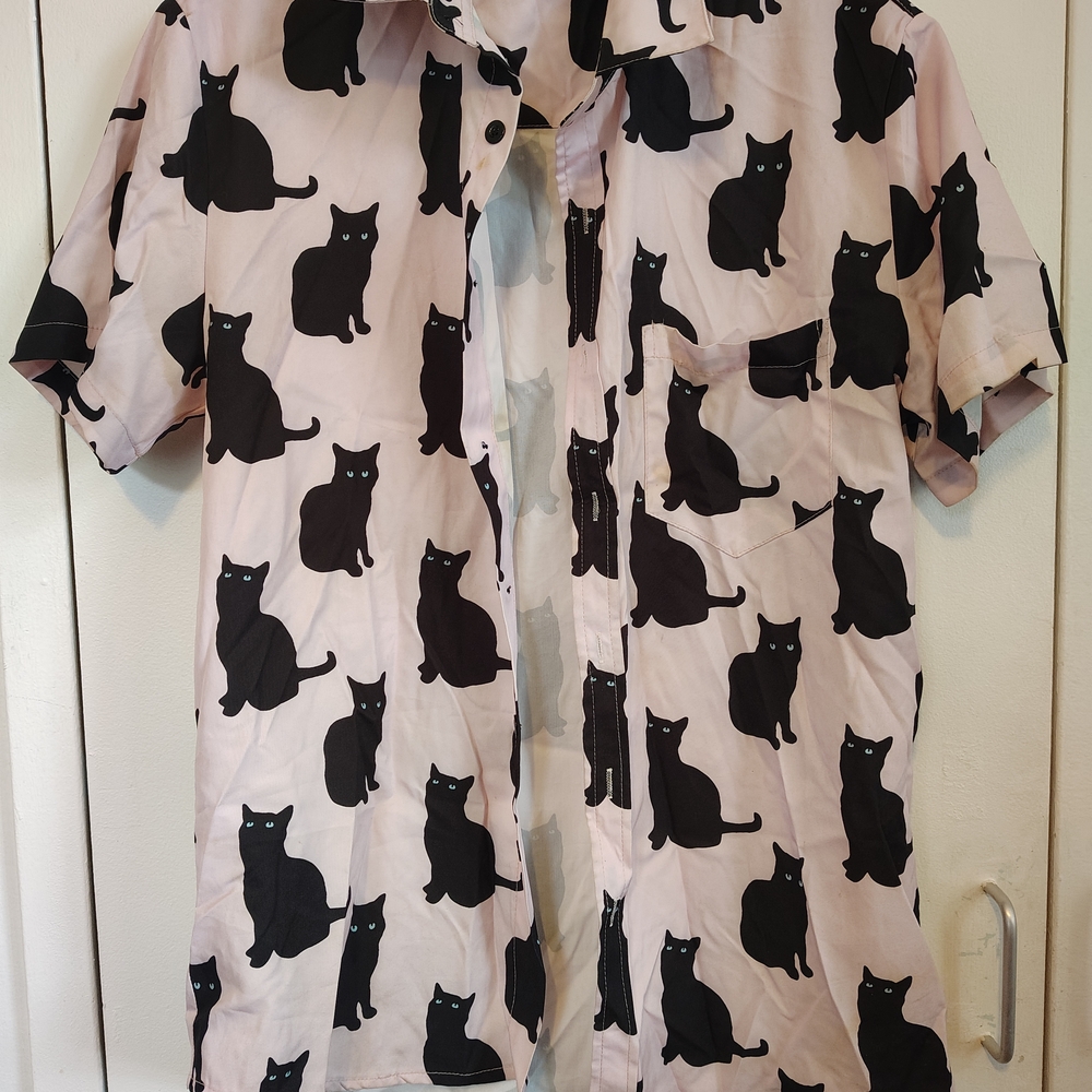 Pink Black Cat Print Short Sleeve Shirt